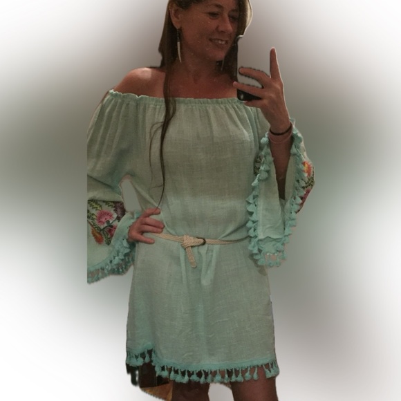 VELZERA Off The Shoulder Embroidered Turquoise Blue Tassel Dress or tunic Sz 1X - Picture 8 of 15